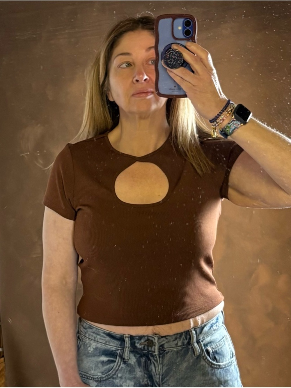 Cotton On Brown Ribbed Short Sleeve Crop Top with Front Cutout